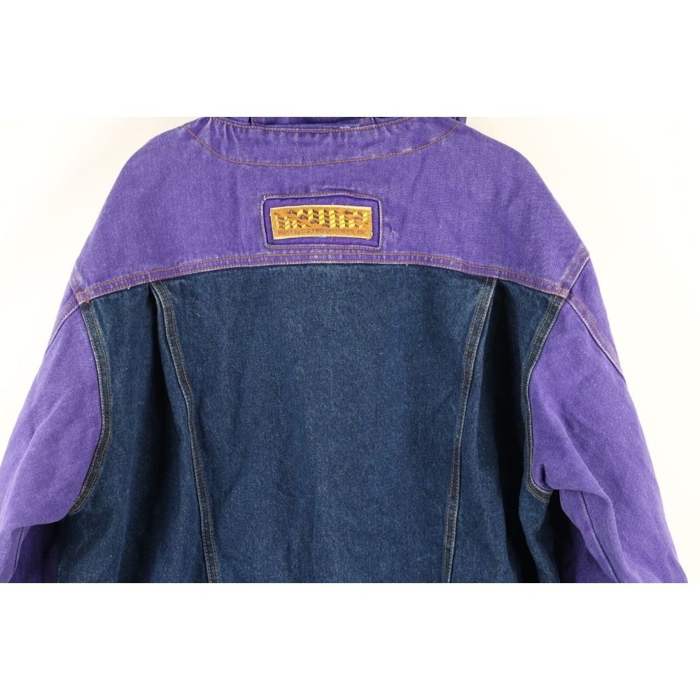 NOS Vintage 90s Streetwear Mens Large Color Block Hooded Denim Trucker Jacket - Picture 9 of 10